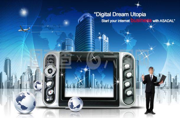 筆記本電腦播放器與地球PSD分層素材 電腦主題設計的完美融合